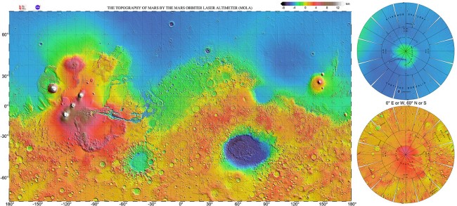 Mars topography (MOLA dataset) with poles HiRes