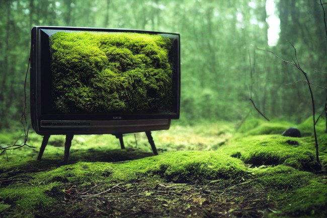 Jaanus13 tv television overgrowing with moss flowers twigs fang fea73d32-0c5d-4d71-835f-2db00d37a83e
